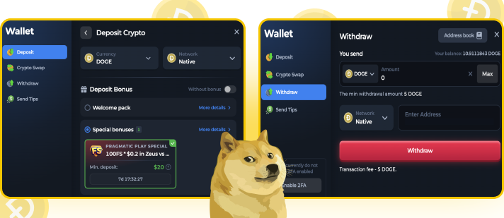 Casino deposit and withdrawal using Dogecoin cryptocurrency