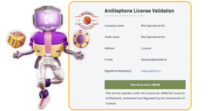 Playbet.io Casino Antillephone License Validation