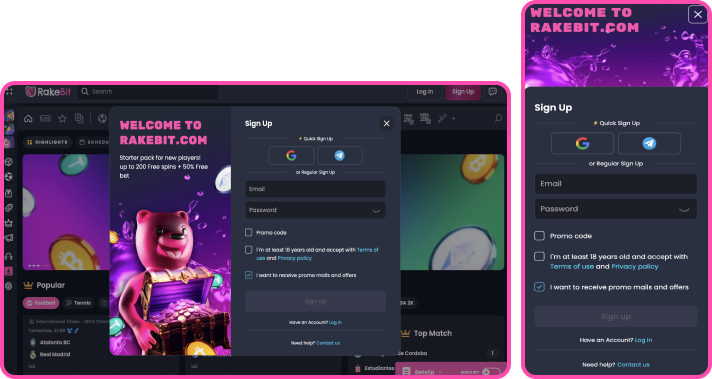 The registration form at Rakebit Casino
