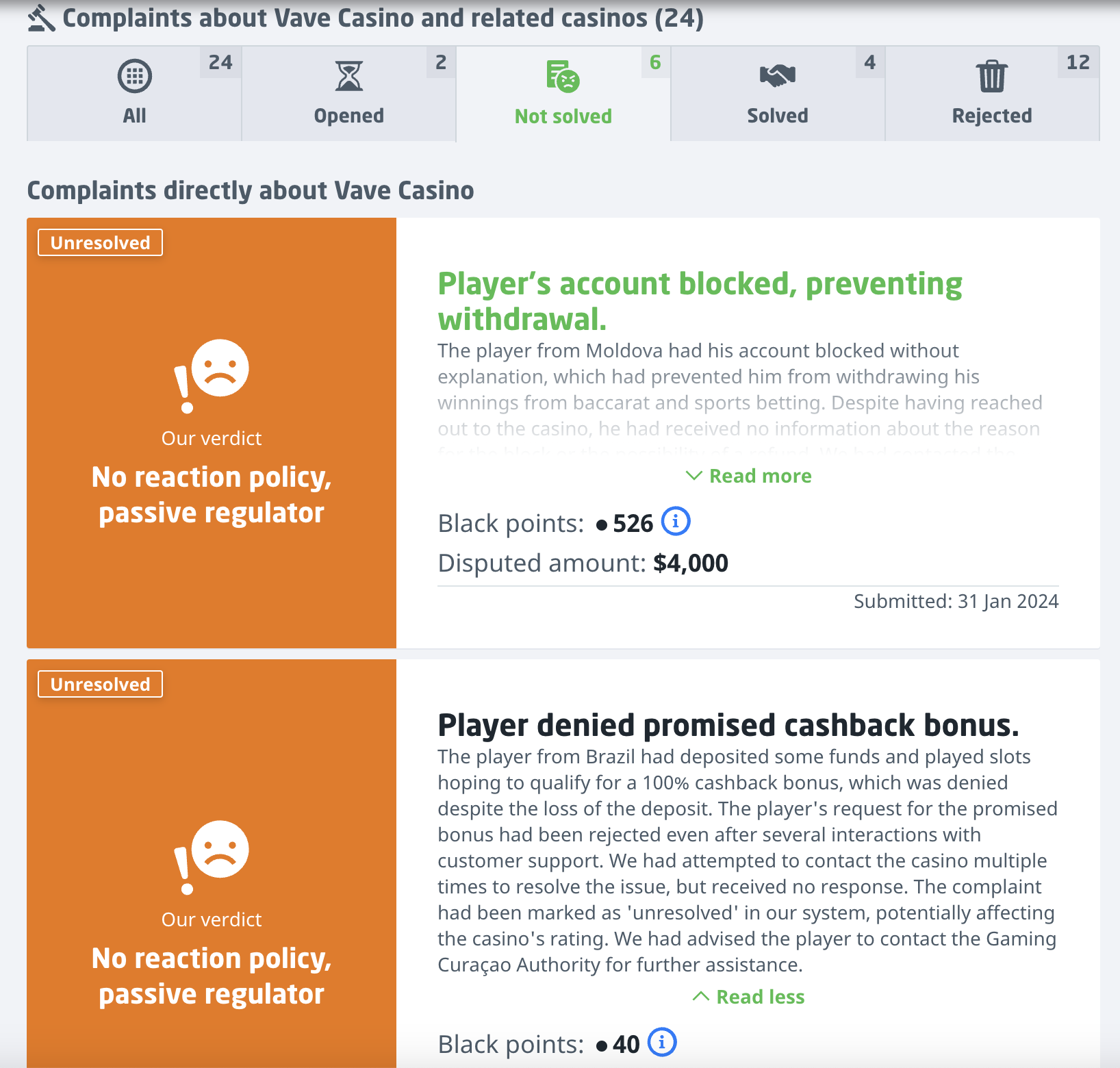 Unresolved complaints about Vave casino on Casino.Guru