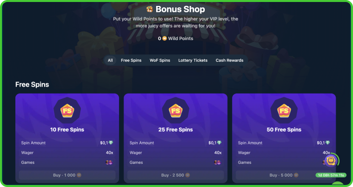 Bonus Shop at Wild.io Casino